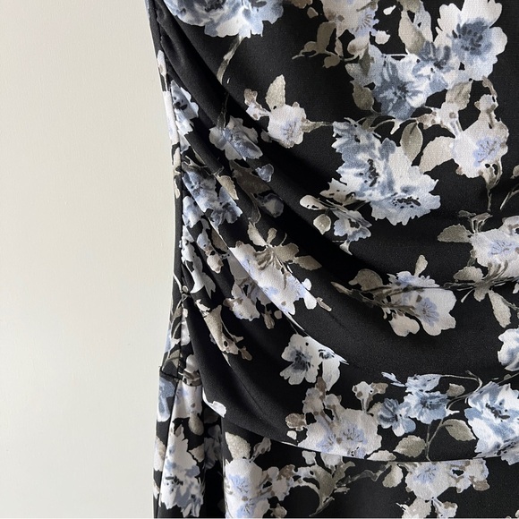 Vintage Floral Ruched Midi Dress Black Blue White Cap Sleeve 90s Cottagecore SM - Picture 3 of 9